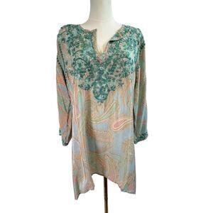 AMAYA 100% Silk Hand Embroidered Paisley Tunic Sz 44 / Large L Resort Wear Top